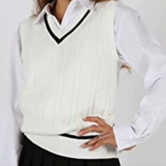Yujianxiong knit white black stripes tennis pullover V-neck sweater vest Sz M/L - Picture 11 of 12